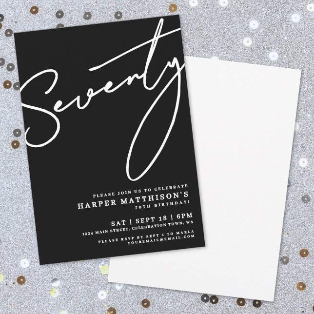 Invitation Black Seventy 70th Birthday Party (Black Minimalist Seventy 70th Birthday Party Invitation)