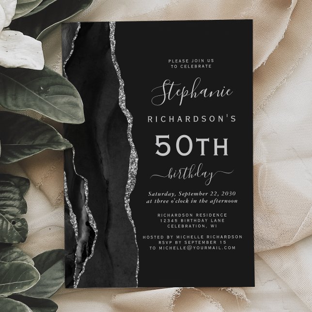 Invitation Black Silver Agate Dark 50th Birthday Party (Créateur téléchargé)