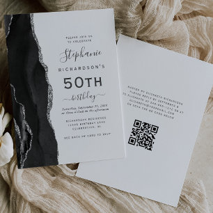 Invitation Black Silver Agate QR Code 50e anniversaire