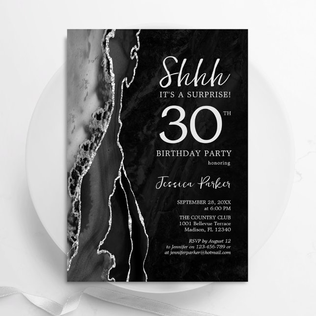 Invitation Black Silver Agate Surprise 30e anniversaire (Créateur téléchargé)
