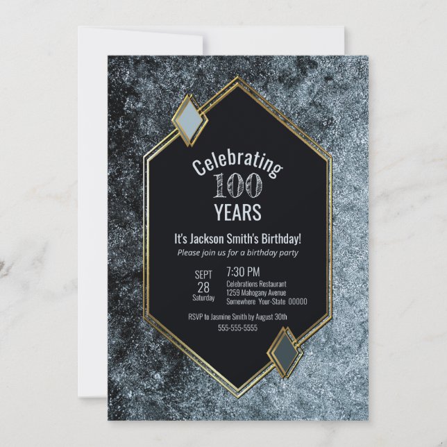 Invitation Black Silver and Gold encadré 100e fête d'annivers (Devant)
