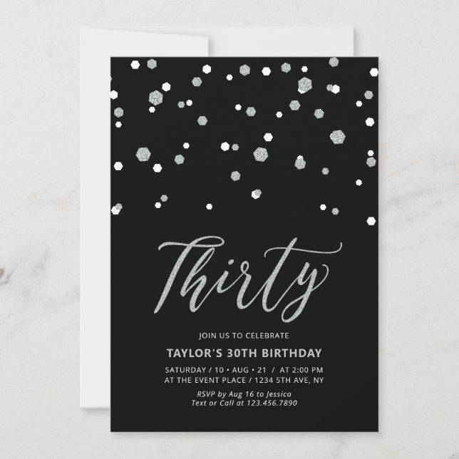 Invitation Black & Silver Confetti Trente fête d'anniversaire (Devant)
