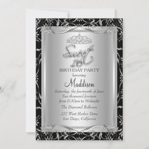 Invitation Black Silver Damask & Tiara Sweet 16