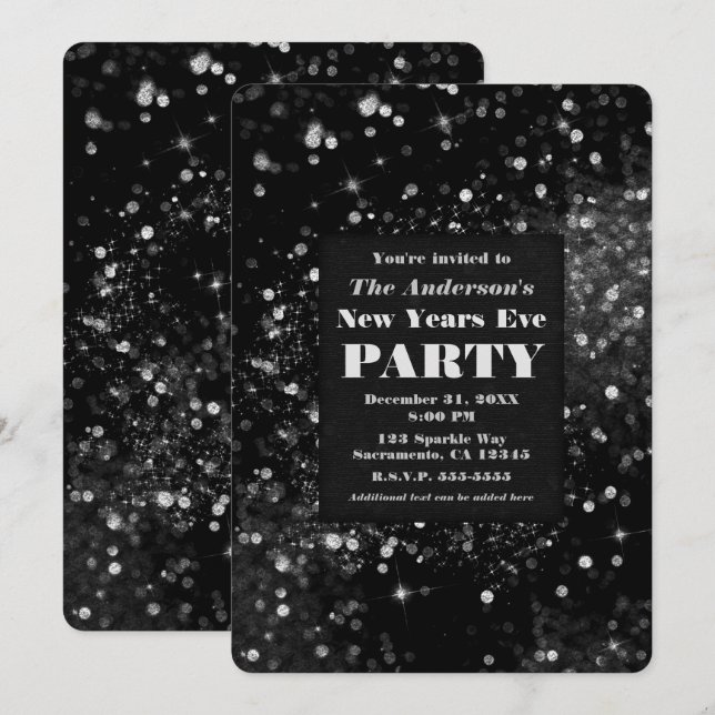 Invitation Black Silver Éclairage Nouvel An Soirée (Devant / Derrière)