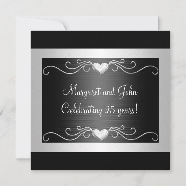 Invitation Black Silver Love Hearts 25e anniversaire événemen (Devant)