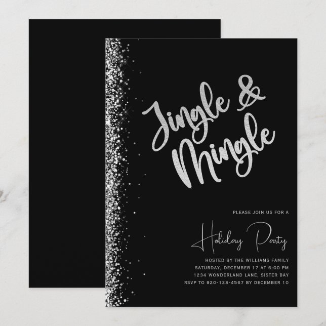 Invitation Black Silver Parties scintillant Jingle Mingle Fêt (Devant / Derrière)