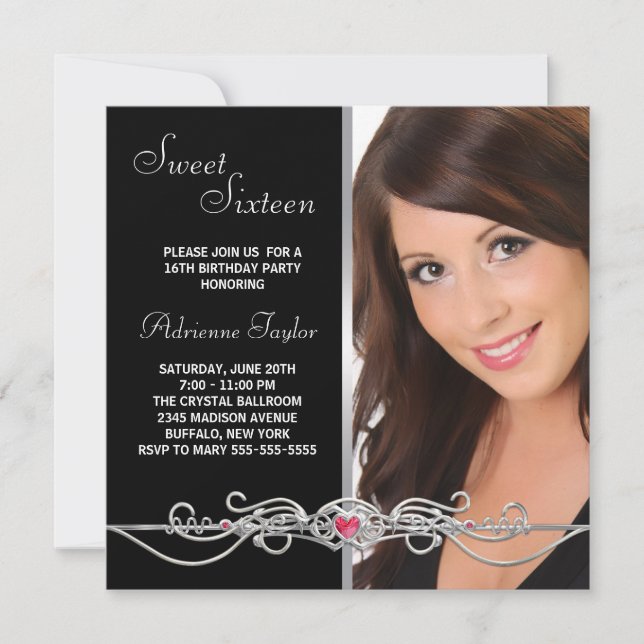 Invitation Black Silver Red Heart Photo Sweet sixteen Birthda (Devant)