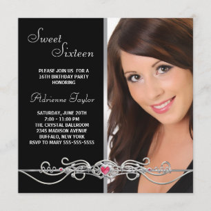 Invitation Black Silver Red Heart Photo Sweet sixteen Birthda