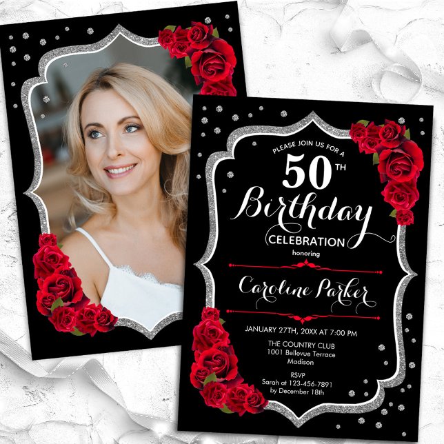 Invitation Black Silver Red Roses Photo 50e anniversaire (Créateur téléchargé)