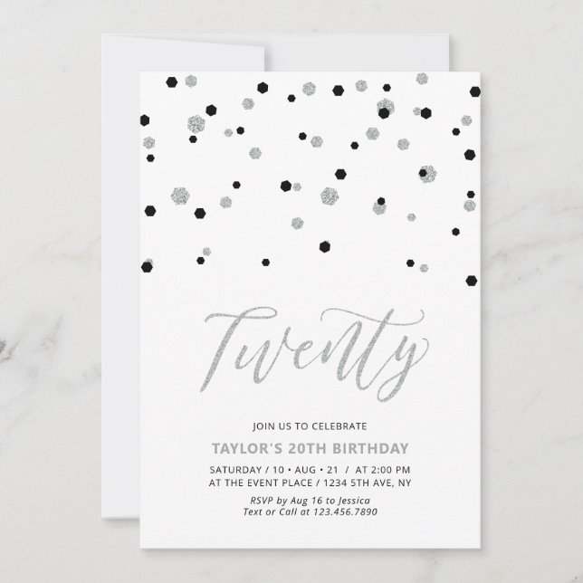 Invitation Black & Silver Simple Vingt 20e anniversaire (Devant)