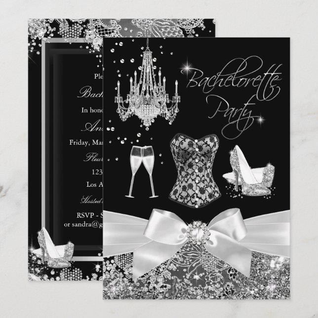Invitation Black Silver Sparken Bow (Devant / Derrière)