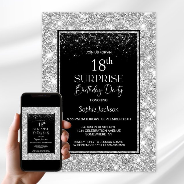 Invitation Black Silver Surprise 18ème anniversaire (Créateur téléchargé)