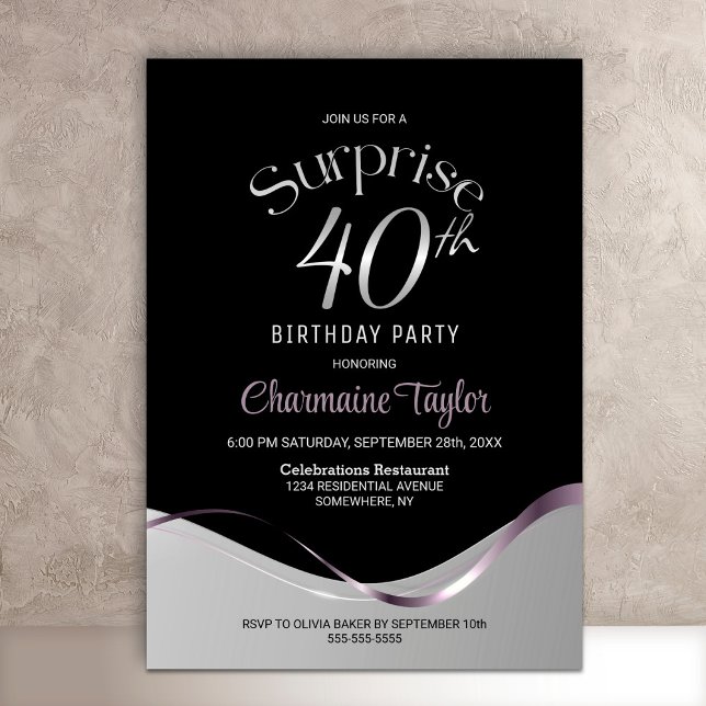 Invitation Black Silver Surprise 40e anniversaire (Créateur téléchargé)
