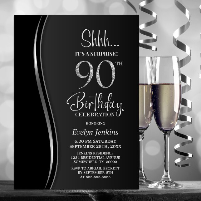 Invitation Black Silver Surprise 90e anniversaire (Créateur téléchargé)