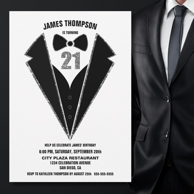 Invitation Black Silver Tuxedo 21e fête d'anniversaire (Créateur téléchargé)