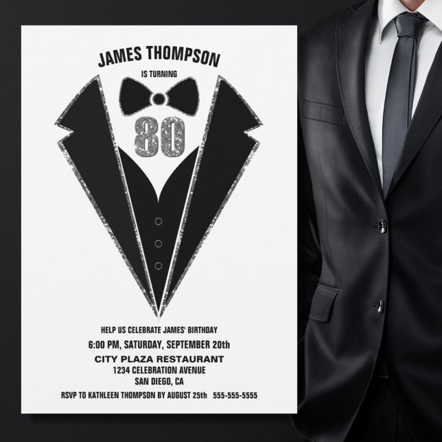 Invitation Black Silver Tuxedo 80e fête d'anniversaire (Créateur téléchargé)