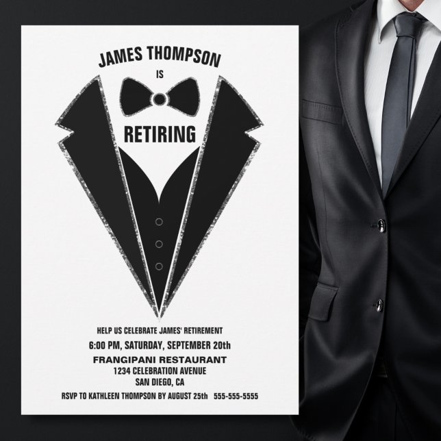 Invitation Black Silver Tuxedo Retraite Party (Créateur téléchargé)