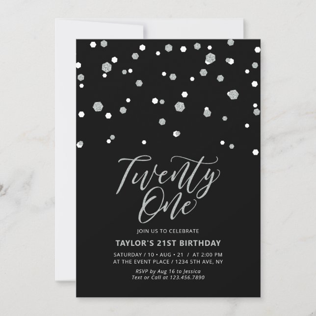 Invitation Black & Silver Vingt et un 21e anniversaire de fêt (Devant)