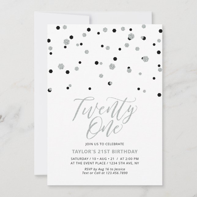 Invitation Black & Silver Vingt et un fête d'anniversaire 21e (Devant)