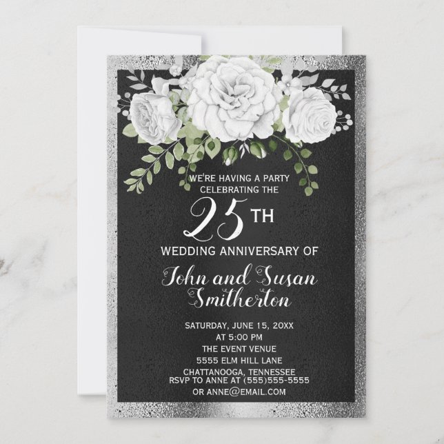 Invitation Black Silver White Floral 25e anniversaire Mariage (Devant)