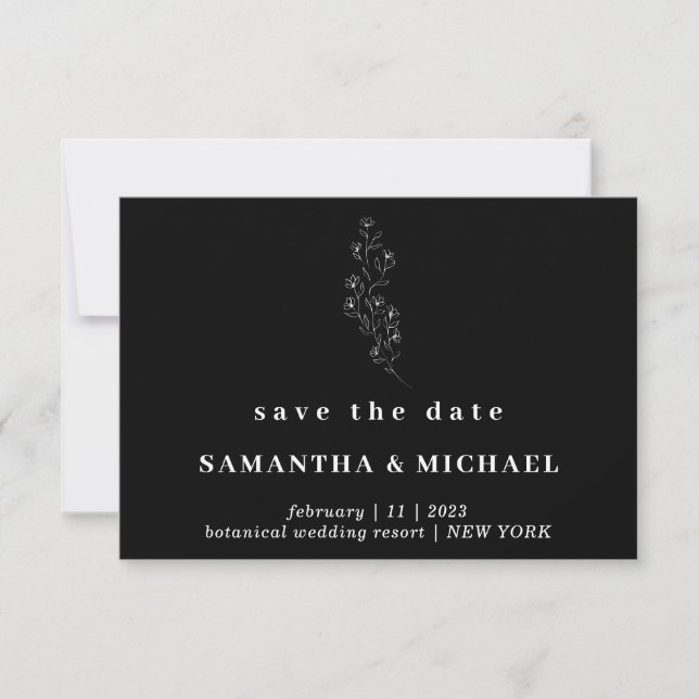 Invitation Black Simple Flower Elegant Enregistrer le Mariage (Devant)