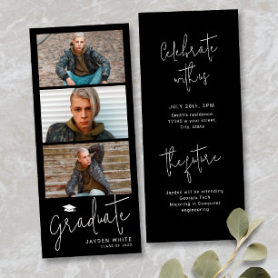 Invitation Black Simple Moderne Script 3 Photo Graduation 