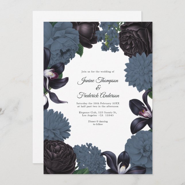 Invitation Black & Slate Photo/QR Code Floral Wedding (Devant / Derrière)