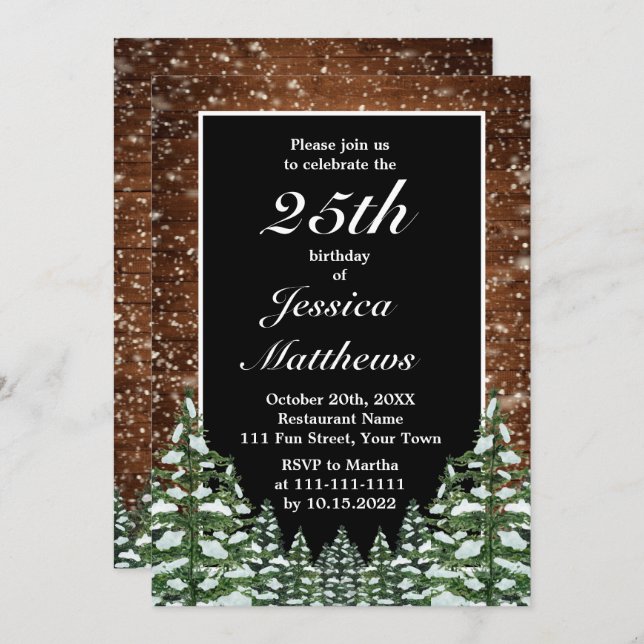 Invitation Black Snowy Bois & Forêt Fête d'anniversaire perso (Devant / Derrière)