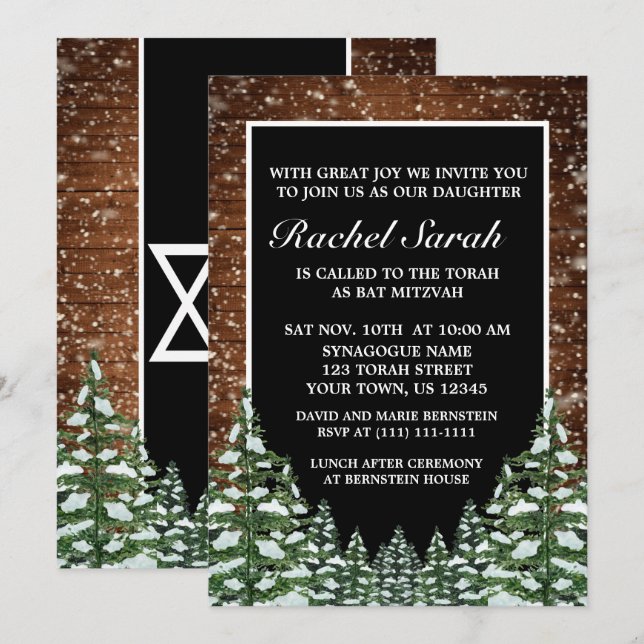 Invitation Black Snowy Bois & Forêt Pine Bar Bat mitzvah (Devant / Derrière)