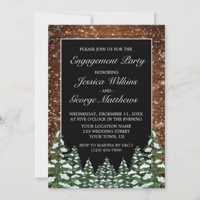 Invitation Black Snowy Wood & Forest Country Engagement Party (Devant)