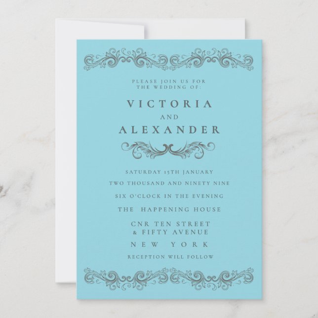 Invitation Black Something Blue Flourish Any Time Wedding (Devant)