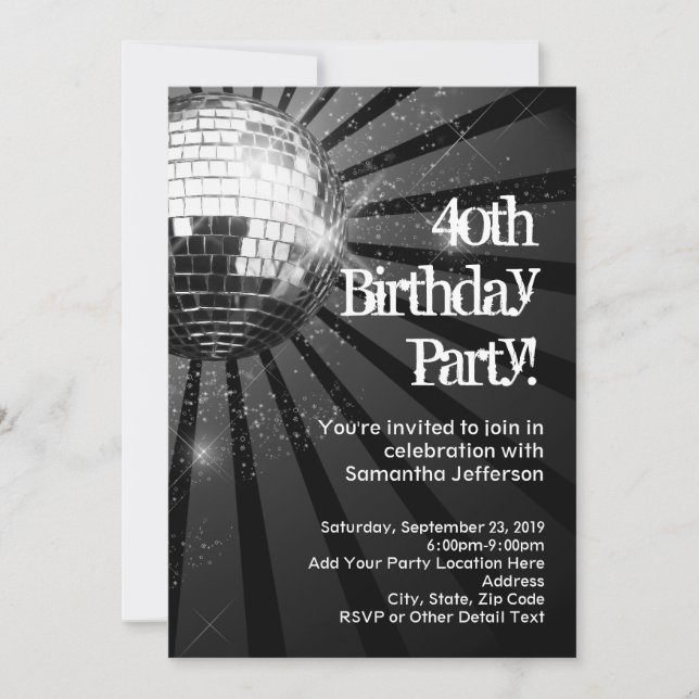 Invitation Black Sparkle Disco Ball 40e fête d'anniversaire (Devant)