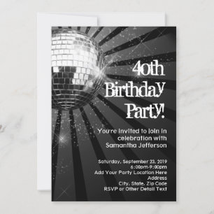Invitation Black Sparkle Disco Ball 40e fête d'anniversaire