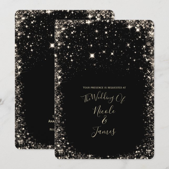 Invitation Black Sparkles Starry Night Sky Mariage élégant (Devant / Derrière)