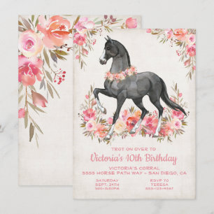 Invitation Black Stallion fleurie Cheval fête d'anniversaire