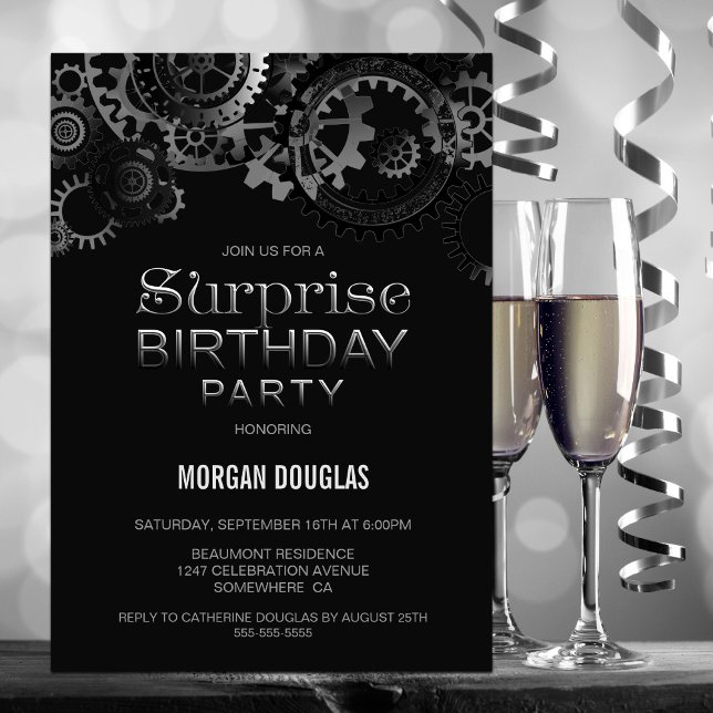 Invitation Black Steampunk Surprise Anniversaire (Créateur téléchargé)