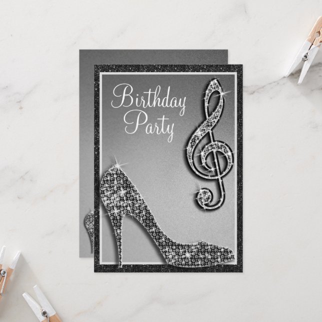 Invitation Black Stiletto & Treble Clef Anniversaire (Devant/Arrière en situation)