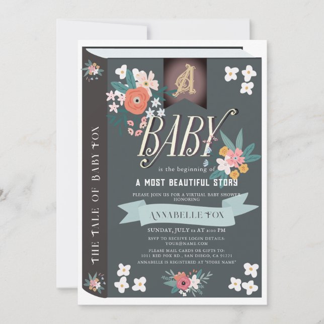 Invitation Black Storybook Floral Girl Baby shower virtuel (Devant)
