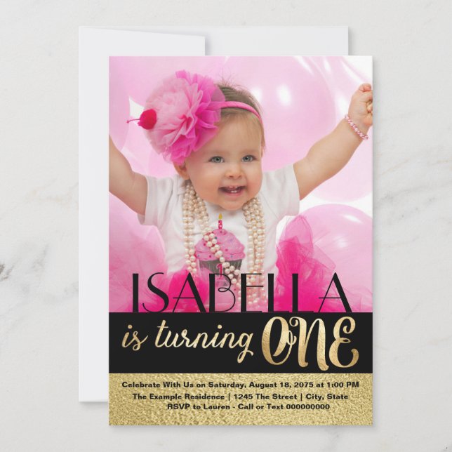 Invitation Black Stripe Gold photo premier anniversaire (Devant)