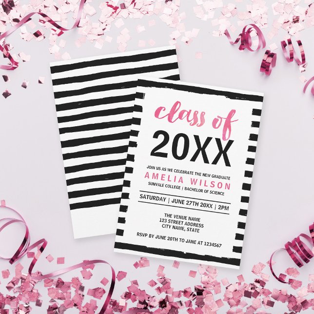Invitation Black Stripes Pink Classe de 2023 Graduation Party (Créateur téléchargé)