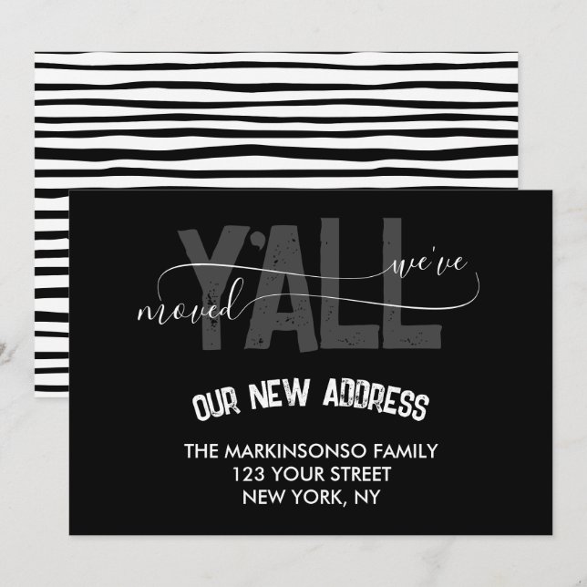 Invitation Black Stripes We Moved Y'all Moving Announcement (Devant / Derrière)