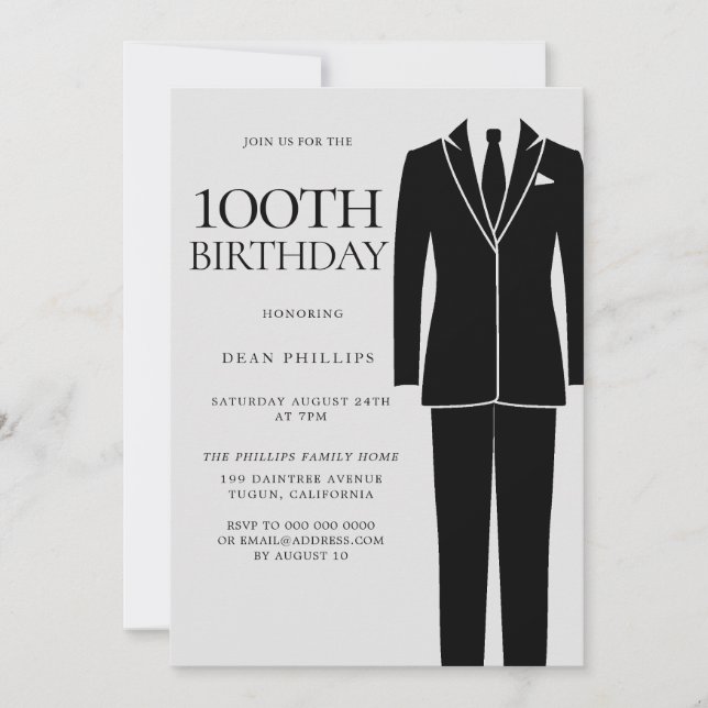 Invitation Black Suit & Cravate Mens 100e fête d'anniversaire (Devant)