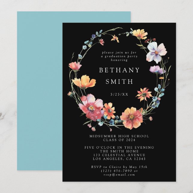 Invitation Black Summer Fleur sauvage Graduation Party (Devant / Derrière)
