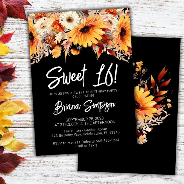 Invitation Black Sweet 16 Anniversaire Automne Floral (Créateur téléchargé)