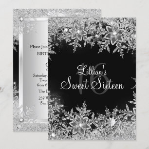 Invitation Black Sweet 16 Diamond Snowflake Winter Wonderland