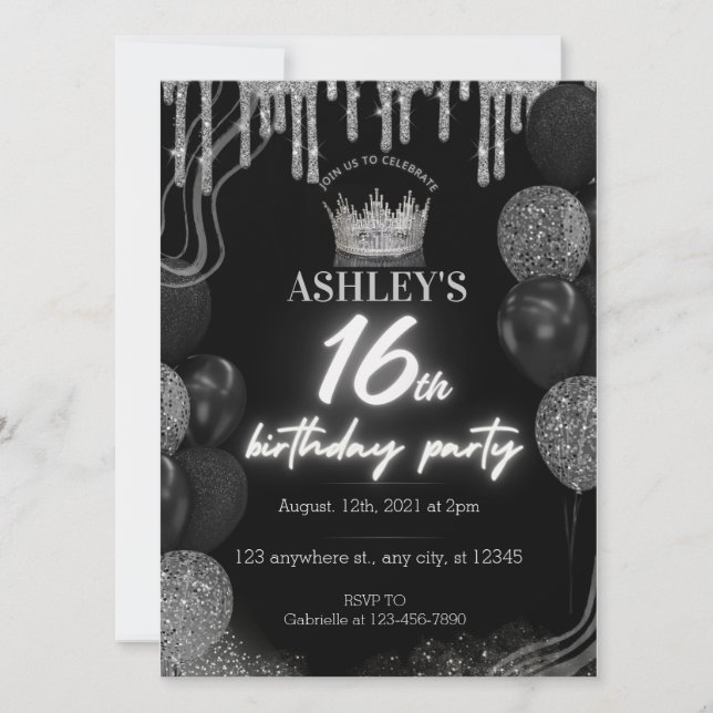 Invitation Black Sweet 16ème Parties scintillant Glowant Neon (Devant)