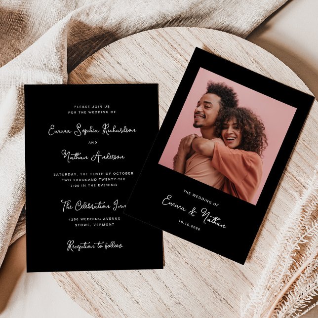 Invitation Black Sweet et Whimsical | Mariage photo simple (An elegant, dark black wedding invitation with your photo and white vintage style script)