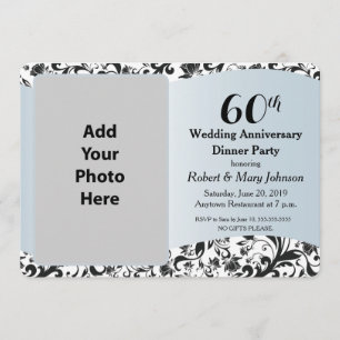 Invitation Black Swirl & Blue 60th Mariage Anniversaire Photo