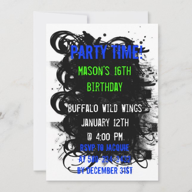 Invitation Black Swirl Grunge, Fête Time, Mason's 16th B... (Devant)
