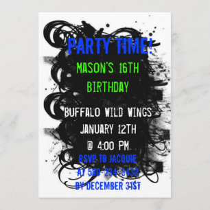 Invitation Black Swirl Grunge, Fête Time, Mason's 16th B...